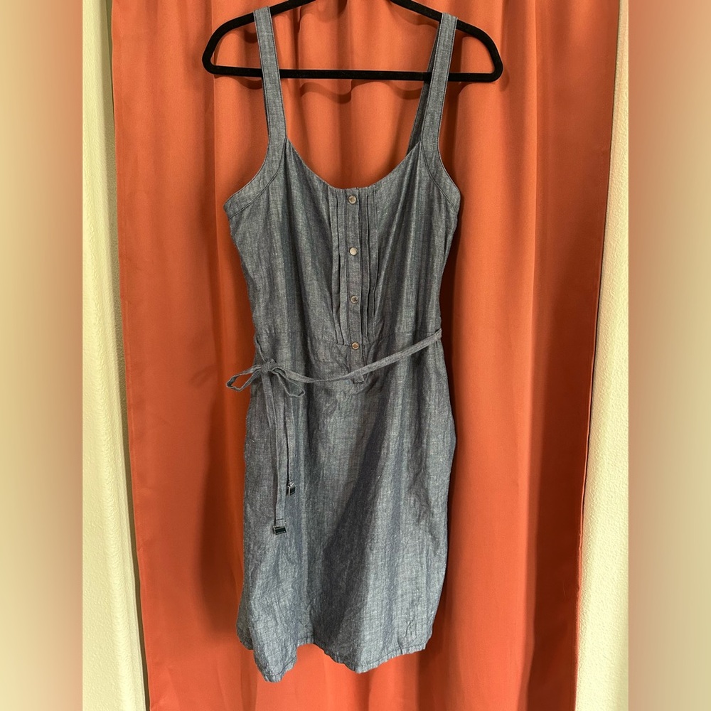 Nautica Chambray Linen/Cotton Snap Front Tie Waist Dress With Pockets Size 8